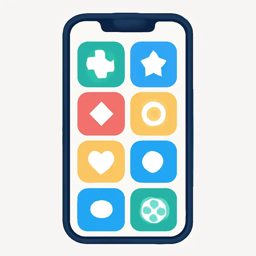 Smartphone shown from the front displaying a colourful flat layout of abstract game icons and rounded tiles (no text, no letters, no labels), L7 Lottery