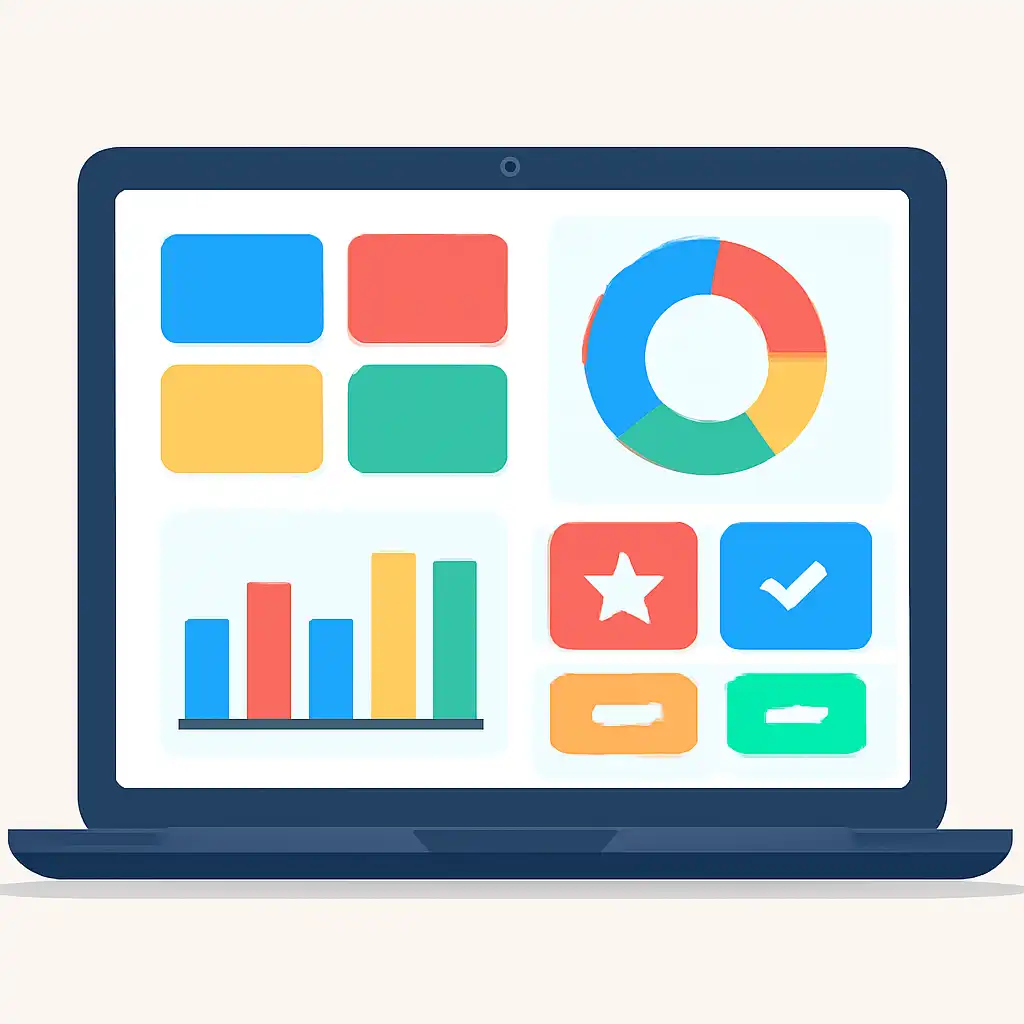 Laptop shown from the front displaying a colourful flat dashboard of abstract charts, bars and icon tiles (no text, no letters, no labels), L7 Lottery