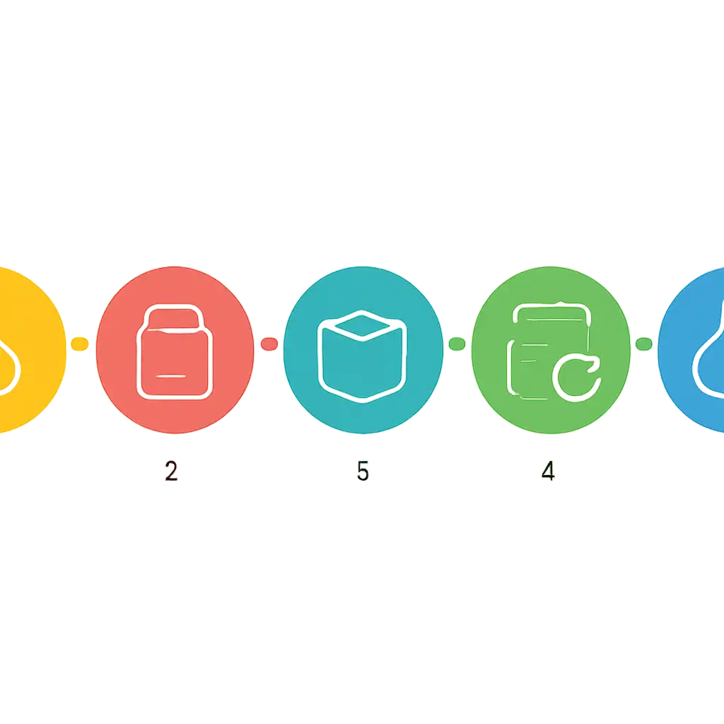 Five numbered circular icons connected by arrows in a horizontal flow, flat illustration, icons only, no words, L7 Lottery steps